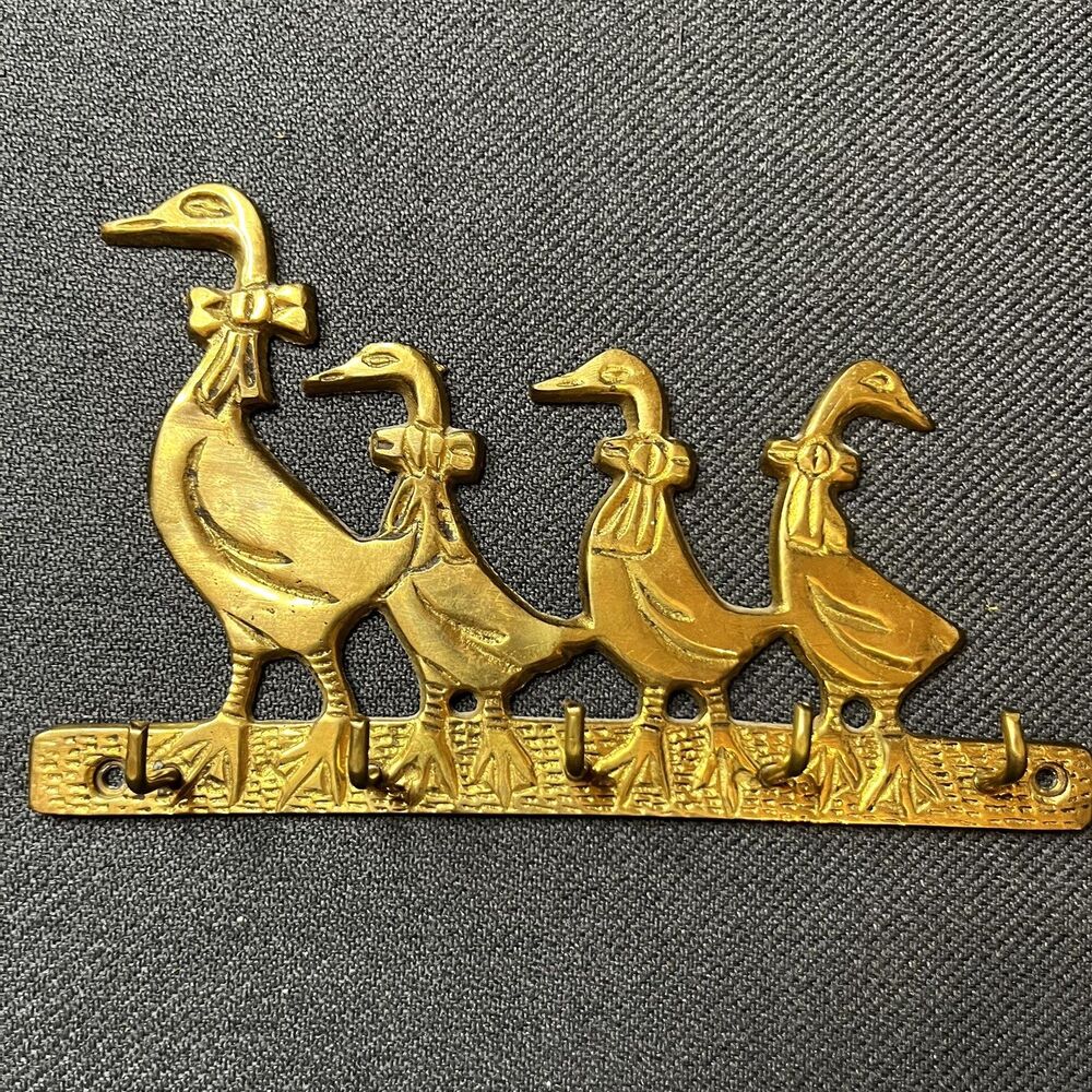 Solid Brass Duck Goose Family Wall Hook Key Rack Farmhouse Country Decor Vintage